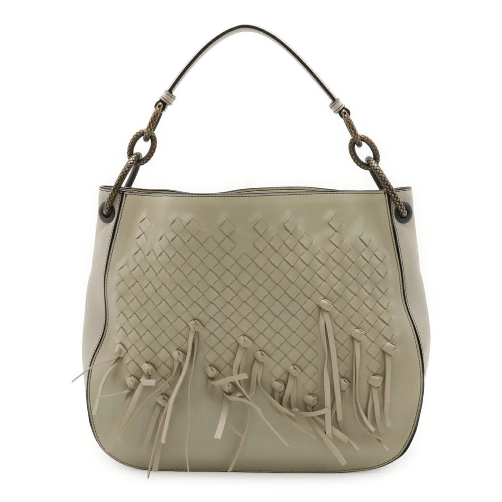 BOTTEGA VENETA Intrecciato Brio Hobo Bag Knot Fringe Leather Greige Gray